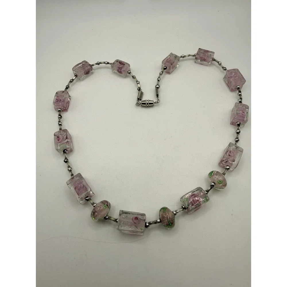 Vintage Artisan Glass Beaded Necklace Pink Flowers Cottagecore Silver Tone 18